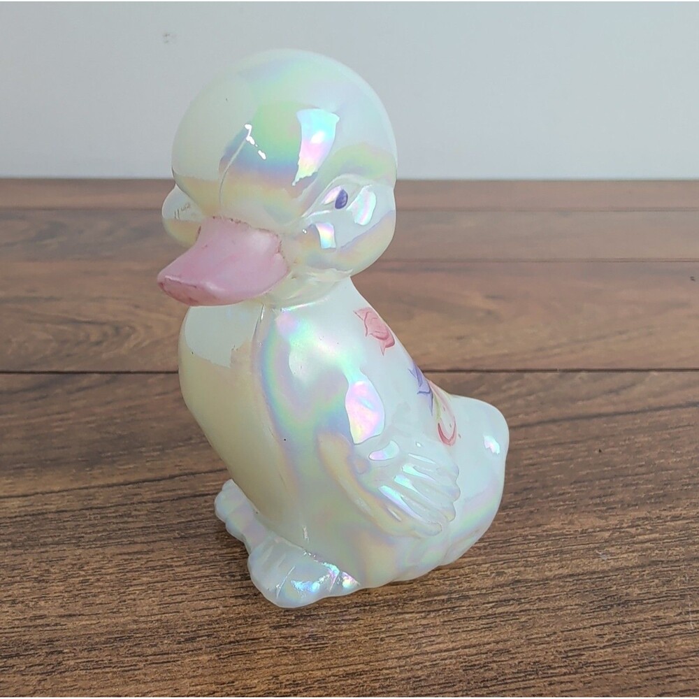 Fenton Iridescent Flower Duckling Duck Hand Painted Figurine Signed M. Reynolds